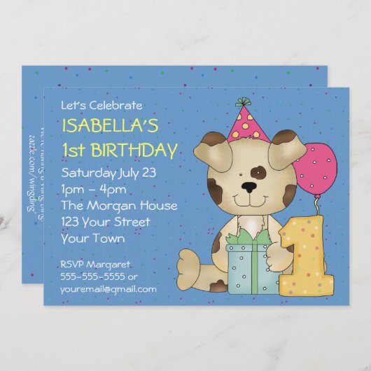 カスタマイズ可能な第1誕生日の小犬 招待状 (正面/裏面)