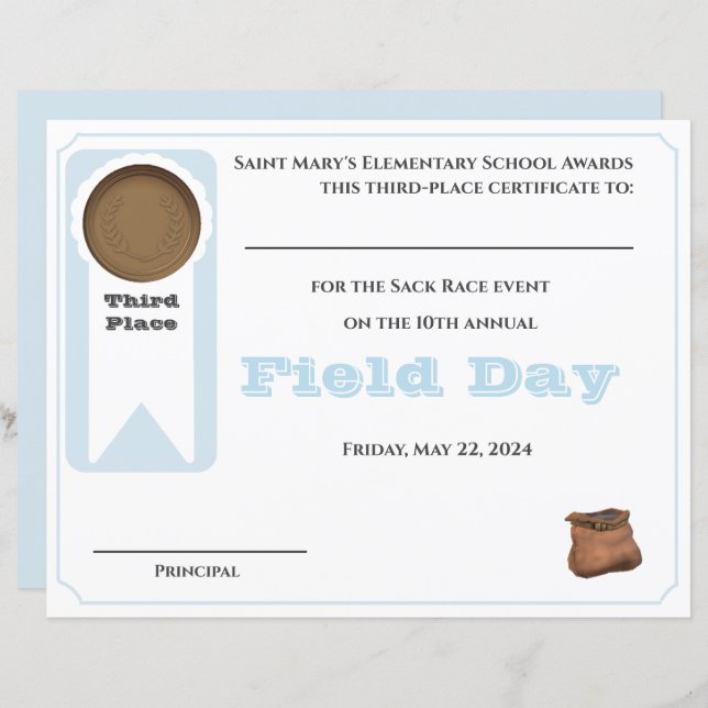 カスタマイズ可能な第3プレイスアワード証明書 (正面/裏面)