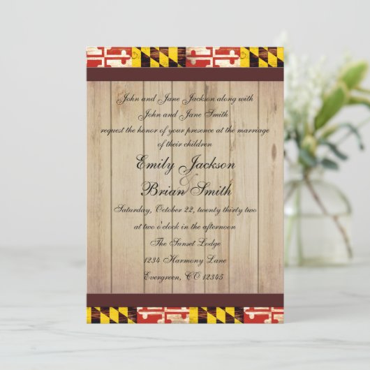 カスタマイズ可能な素朴なメリーランド州旗の結婚式の招待 招待状 (スタンド正面)