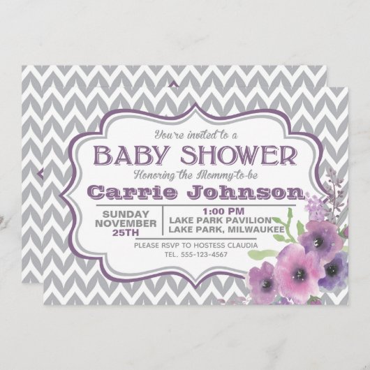 カスタマイズ可能な紫と灰色のシェブロン赤ちゃんシャワー 招待状 (正面/裏面)