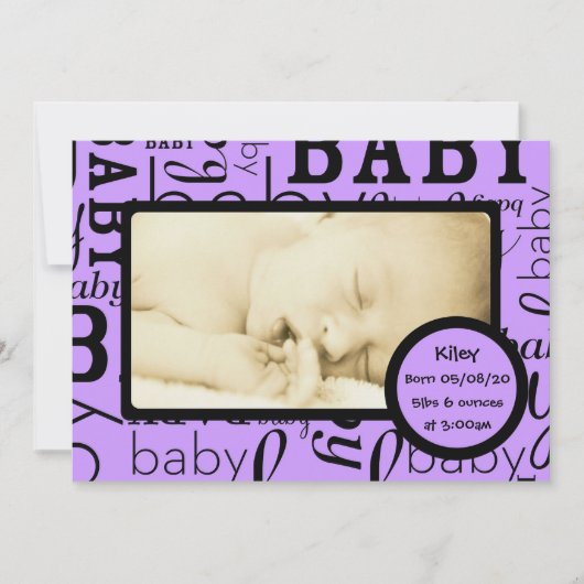 カスタマイズ可能な紫のベビー写真の発表 案内状 (正面)