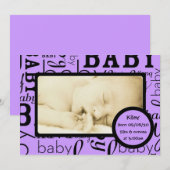 カスタマイズ可能な紫のベビー写真の発表 案内状 (正面/裏面)