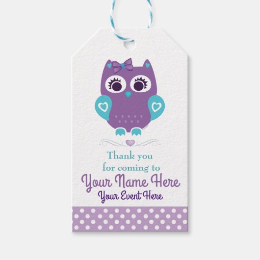 カスタマイズ可能な紫ティール（緑がかった色）フクロウありがとうラベル ギフトタグ (正面)