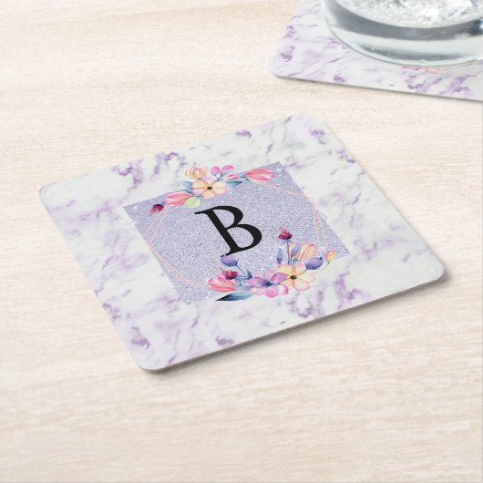カスタマイズ可能な紫色のシックなモノグラムクーラーボックス スクエアペーパーコースター (アングル)
