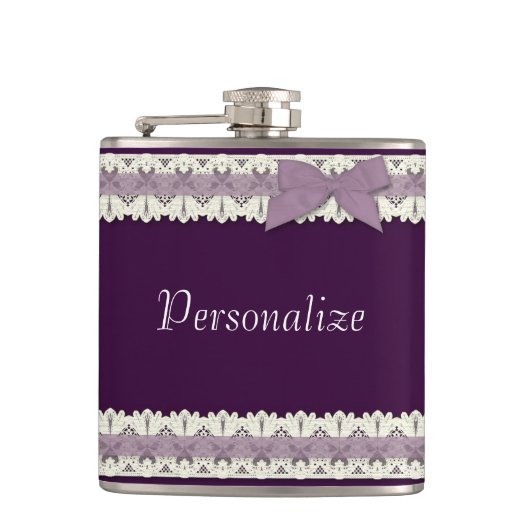 カスタマイズ可能な紫色のレースリボンの弓フラスコ フラスク (正面)