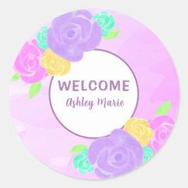 カスタマイズ可能な紫色の水彩花のベイビーシャワー ラウンドシール