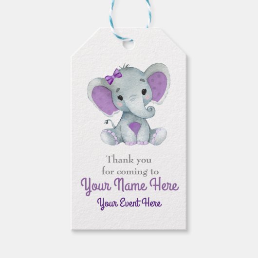 カスタマイズ可能な紫色の灰色の象ありがとうラベル ギフトタグ (正面)
