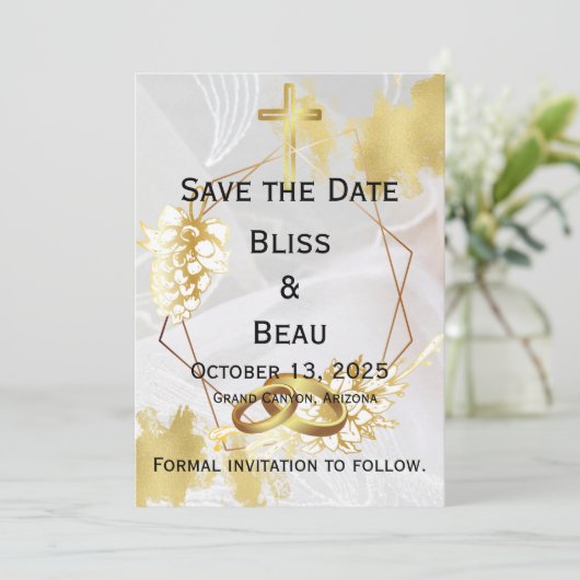 カスタマイズ可能な結婚式の日付の保存テンプレート 招待状 (スタンド正面)