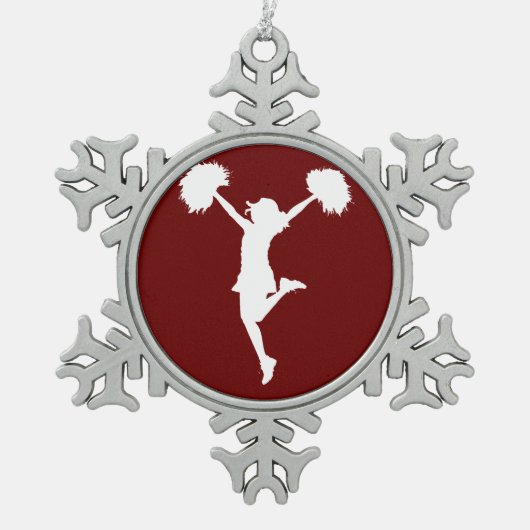 カスタマイズ可能な背景のチアリーダーのチアリーティング スノーフレークピューターオーナメント (正面)