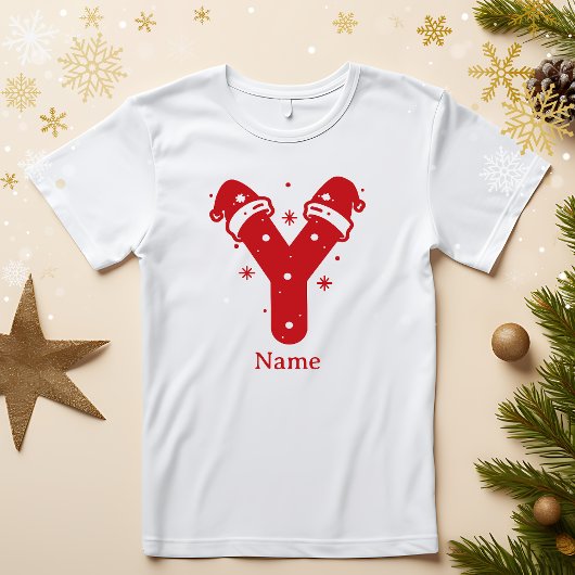 カスタマイズ可能な色のクリスマスイニシャルモノグラム 名前入り Tシャツ