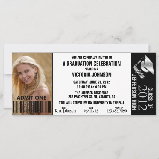 カスタマイズ可能な色の卒業式招待チケット 招待状 (正面)