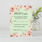カスタマイズ可能な花のミント＆ピンクのバラ　出欠確認 招待状 (スタンド正面)
