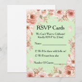 カスタマイズ可能な花のミント＆ピンクのバラ　出欠確認 招待状 (正面/裏面)