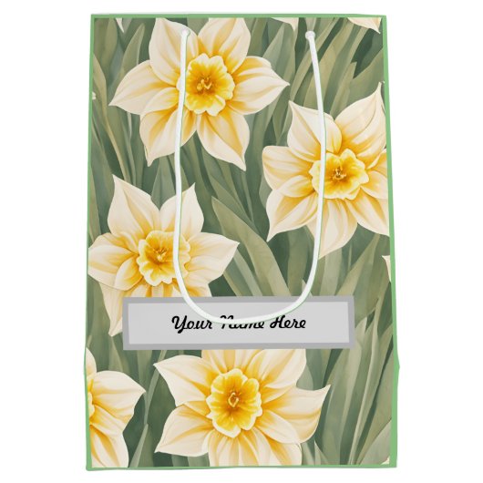 カスタマイズ可能な花柄の水仙の花 ミディアムペーパーバッグ (裏面)