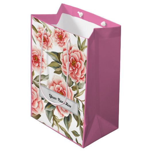 カスタマイズ可能な花柄ツバキ花 ミディアムペーパーバッグ (正面アングル)