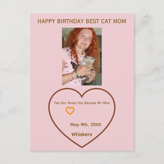 カスタマイズ可能な誕生日カード ハートと猫ママの写真 ポストカード (正面)