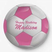 カスタマイズ可能な誕生日サッカーボールピンクと白 ペーパープレート (正面)