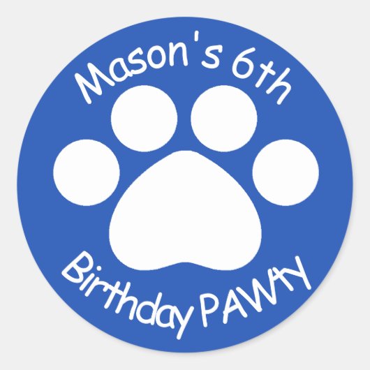 カスタマイズ可能な誕生日PAWty – 青 ラウンドシール (正面)
