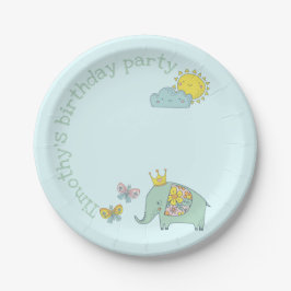 カスタマイズ可能な象と蝶の誕生日 ペーパープレート