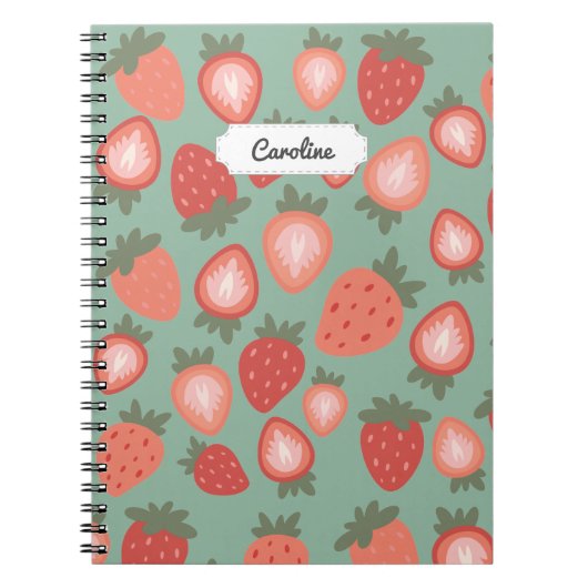 カスタマイズ可能な赤いちごシームレスなパターン ノートブック (正面)