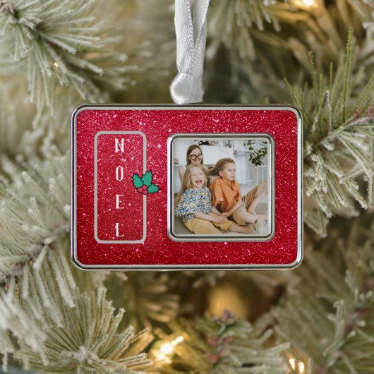カスタマイズ可能な赤いグリッターファミリの写真 シルバープレートフレームオーナメント (ツリー)