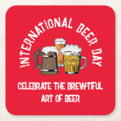 カスタマイズ可能な赤い国際ビールの日 スクエアペーパーコースター (正面)