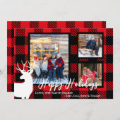 カスタマイズ可能な赤い格子模様の白い鹿のクリスマスカード シーズンカード (正面/裏面)