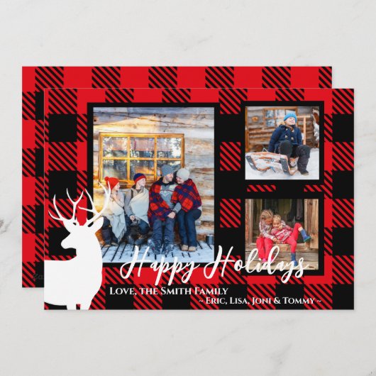 カスタマイズ可能な赤い格子模様の白い鹿のクリスマスカード シーズンカード (正面/裏面)