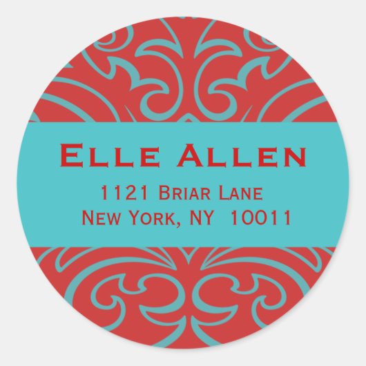 カスタマイズ可能な赤とアクアダマスコステッカー ラウンドシール (正面)