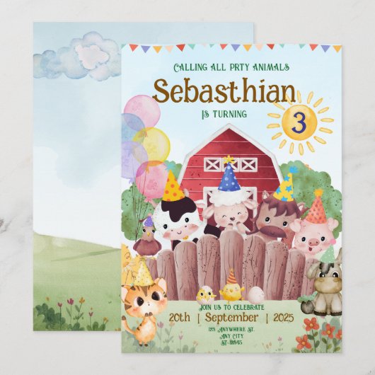 カスタマイズ可能な農場の動物の誕生日パーティー招待状 セーブザデート (正面/裏面)