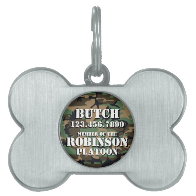 カスタマイズ可能な迷彩柄の黒によって輪郭を描かれる文字犬IDのラベル ペットネームタグ (正面)