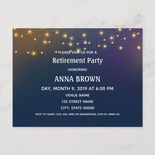 カスタマイズ可能な退職案内パティオ灯 ポストカード (正面)