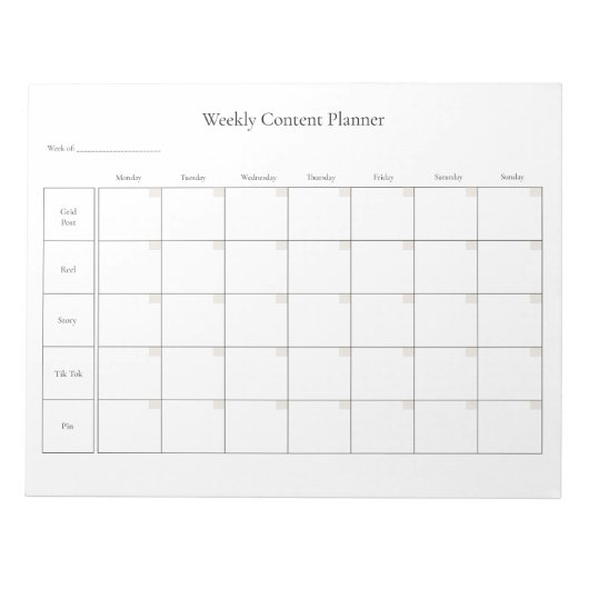 カスタマイズ可能な週次ソーシャルメディアコンテンツプランナー ノートパッド (正面)