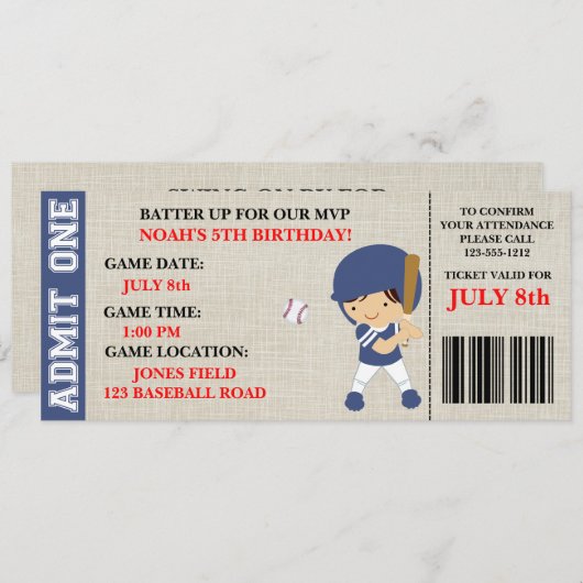 カスタマイズ可能な野球のチケットの誕生日の招待 招待状 (正面/裏面)