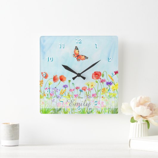 カスタマイズ可能な野生の花の春の花の水彩画 スクエア壁時計 (ホーム)