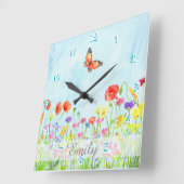 カスタマイズ可能な野生の花の春の花の水彩画 スクエア壁時計 (傾斜)