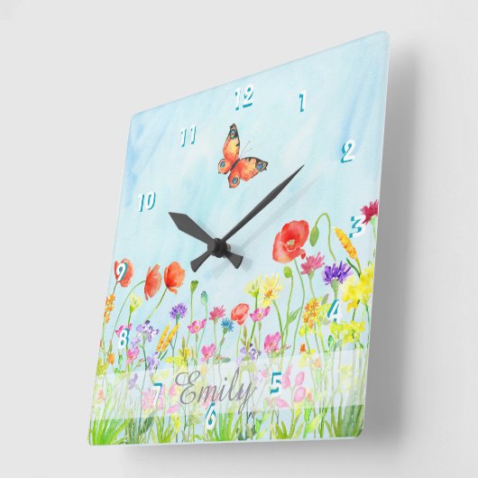 カスタマイズ可能な野生の花の春の花の水彩画 スクエア壁時計 (傾斜)