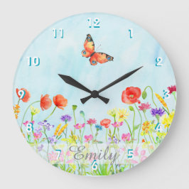 カスタマイズ可能な野生の花の春の花の水彩画 ラージ壁時計