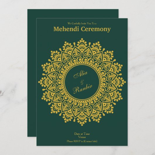 カスタマイズ可能な金ゴールドエメラルドメフェンディヘナインディアン 招待状 (正面/裏面)