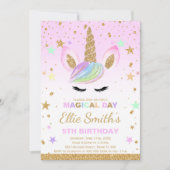 カスタマイズ可能な金ゴールドグリッターユニコーン誕生日 招待状 (正面)