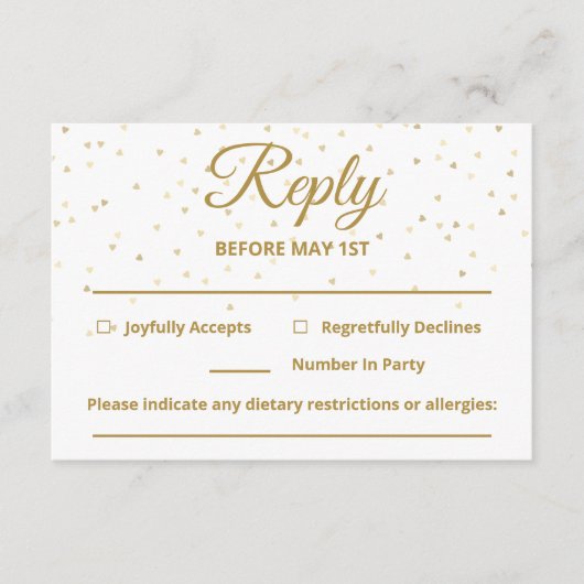 カスタマイズ可能な金ゴールドハートウェディングRSVPカード エンクロージャーカード (正面)