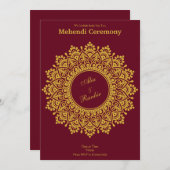 カスタマイズ可能な金ゴールドブルガンディメフェンディヘナインディアン 招待状 (正面/裏面)
