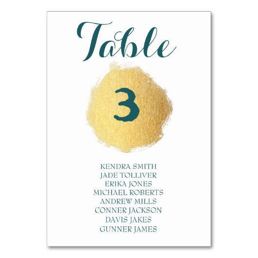 カスタマイズ可能な金ゴールド/白/ティール（緑がかった色）結婚のテーブルカード テーブルナンバー (正面)