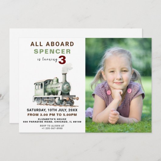 カスタマイズ可能な鉄道をテーマにした誕生日写真招待状 招待状 (正面/裏面)