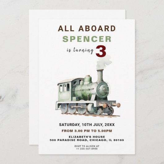 カスタマイズ可能な鉄道をテーマにした誕生日調査 招待状 (正面/裏面)