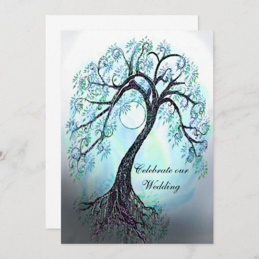 カスタマイズ可能な青い生命の木の結婚式招待状 招待状 (正面/裏面)