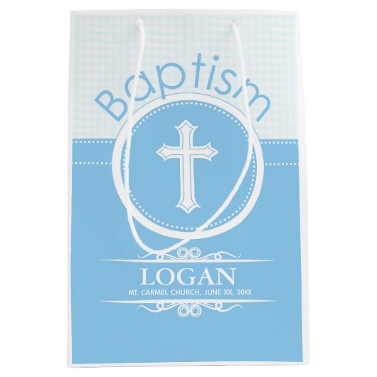 カスタマイズ可能な青い男の子の神のバプテスマ ミディアムペーパーバッグ (正面)