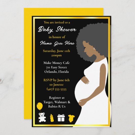 カスタマイズ可能な青い金ゴールド |ダウンロード可能な妊娠 招待状 (正面/裏面)