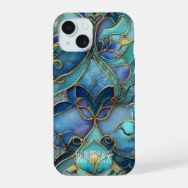 カスタマイズ可能な青と緑のステンドグラスのパターン iPhone 15ケース