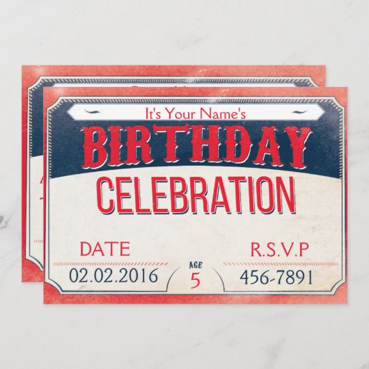 カスタマイズ可能な青と赤のカーニバル誕生日 招待状 (正面/裏面)